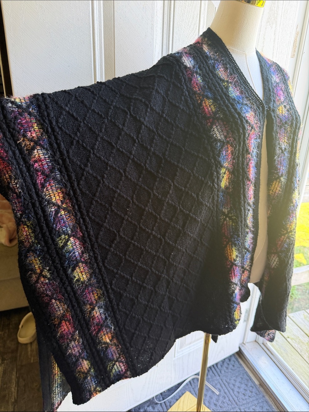 Fairycore Whimsigoth Black Open-Front Women's Knit boho rainbow Poncho - Picture 3 of 8